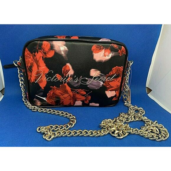 NWT Victoria's Secret Black Red Rose Floral Cross Body Bag Purse w/Gold Chain - Picture 1 of 8